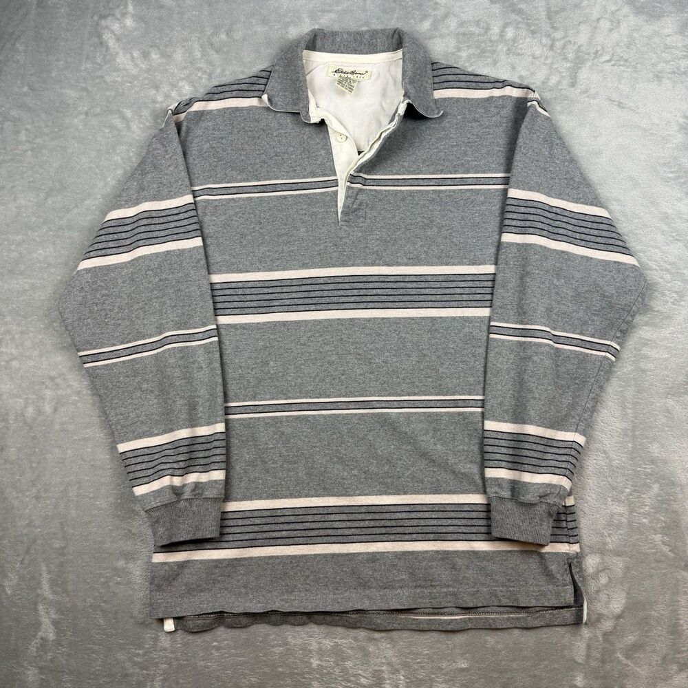 Vintage Eddie Bauer Striped Rugby Shirt Men’s Small Gray Long Sleeve Cotton